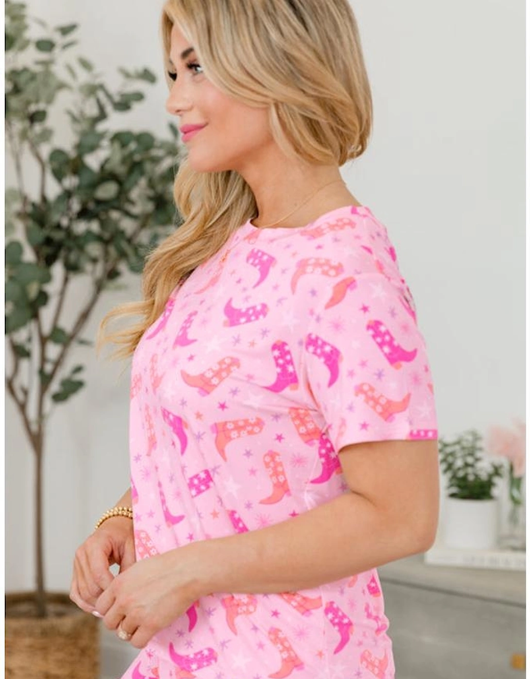 Pink Western Boots Printed Short 2pcs Lounge Set