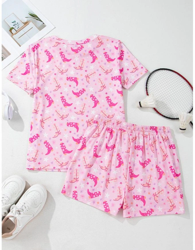 Pink Western Boots Printed Short 2pcs Lounge Set