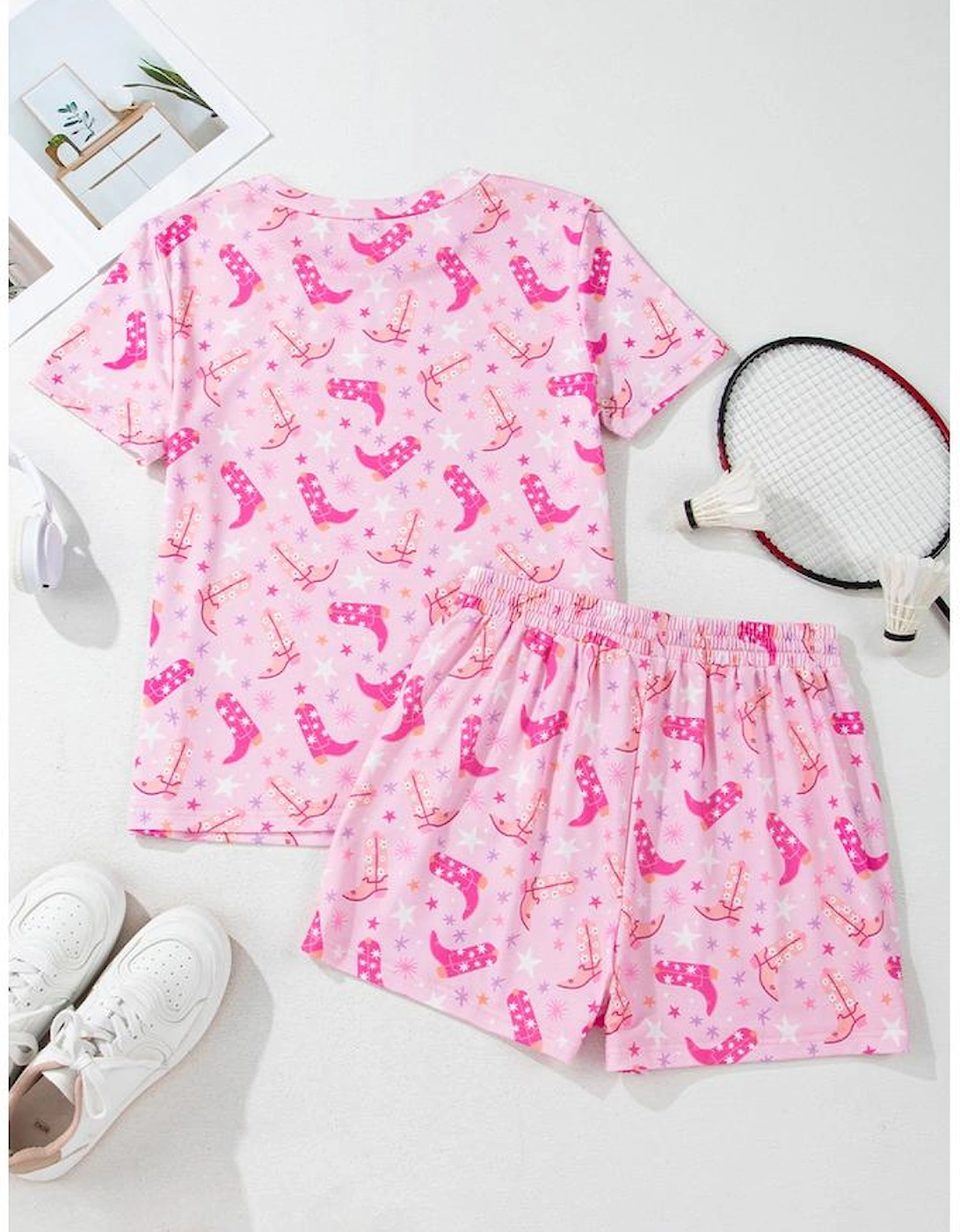 Pink Western Boots Printed Short 2pcs Lounge Set