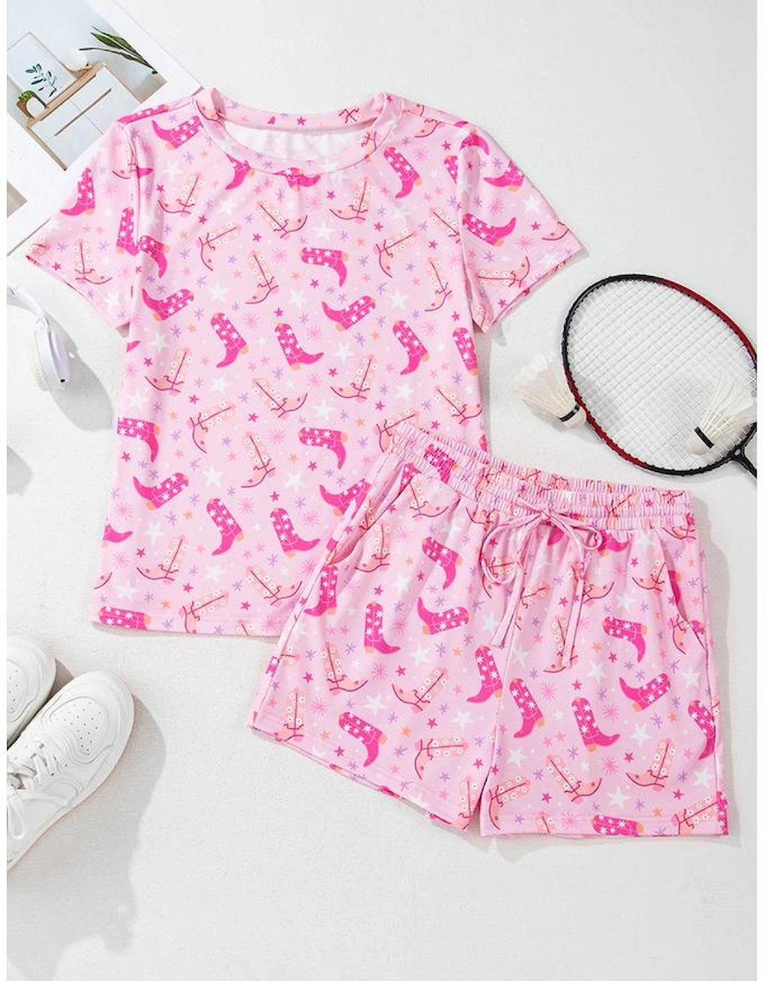 Pink Western Boots Printed Short 2pcs Lounge Set