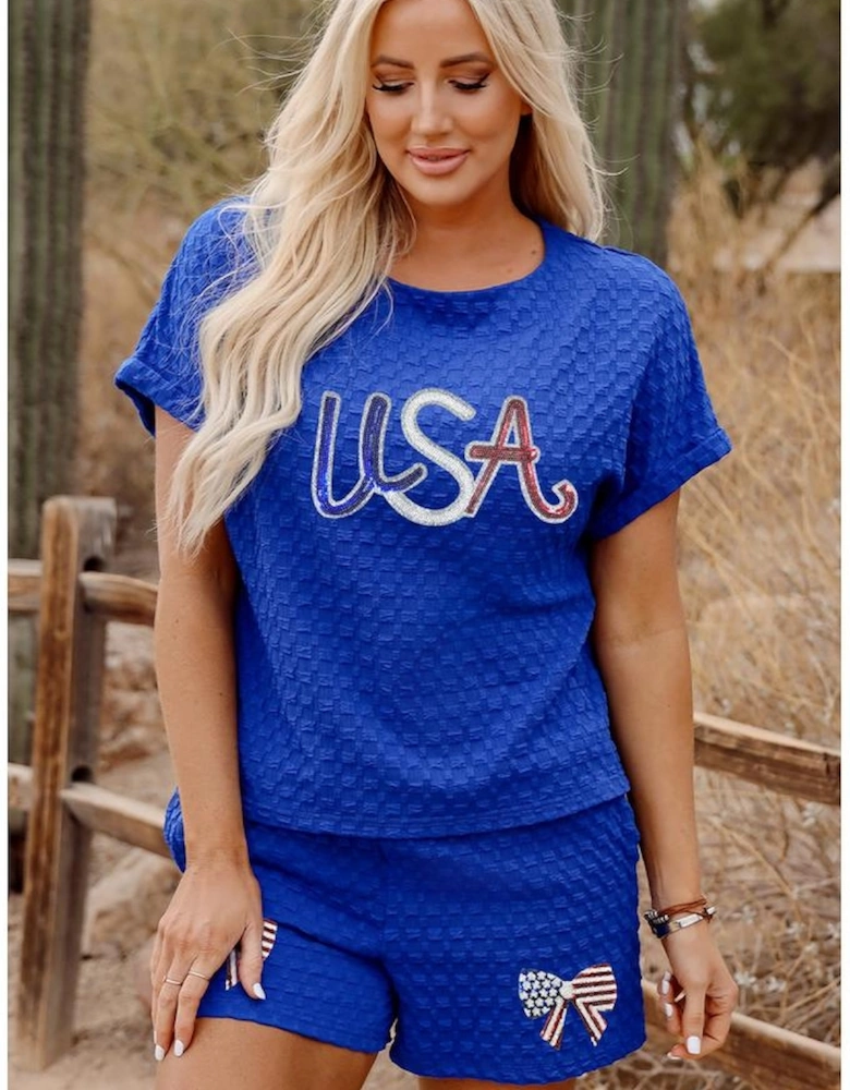 Sky Blue Sequined USA Bowknot Buttoned Back Textured Short Set