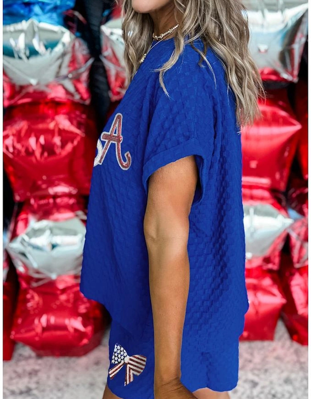 Sky Blue Sequined USA Bowknot Buttoned Back Textured Short Set, 11 of 10