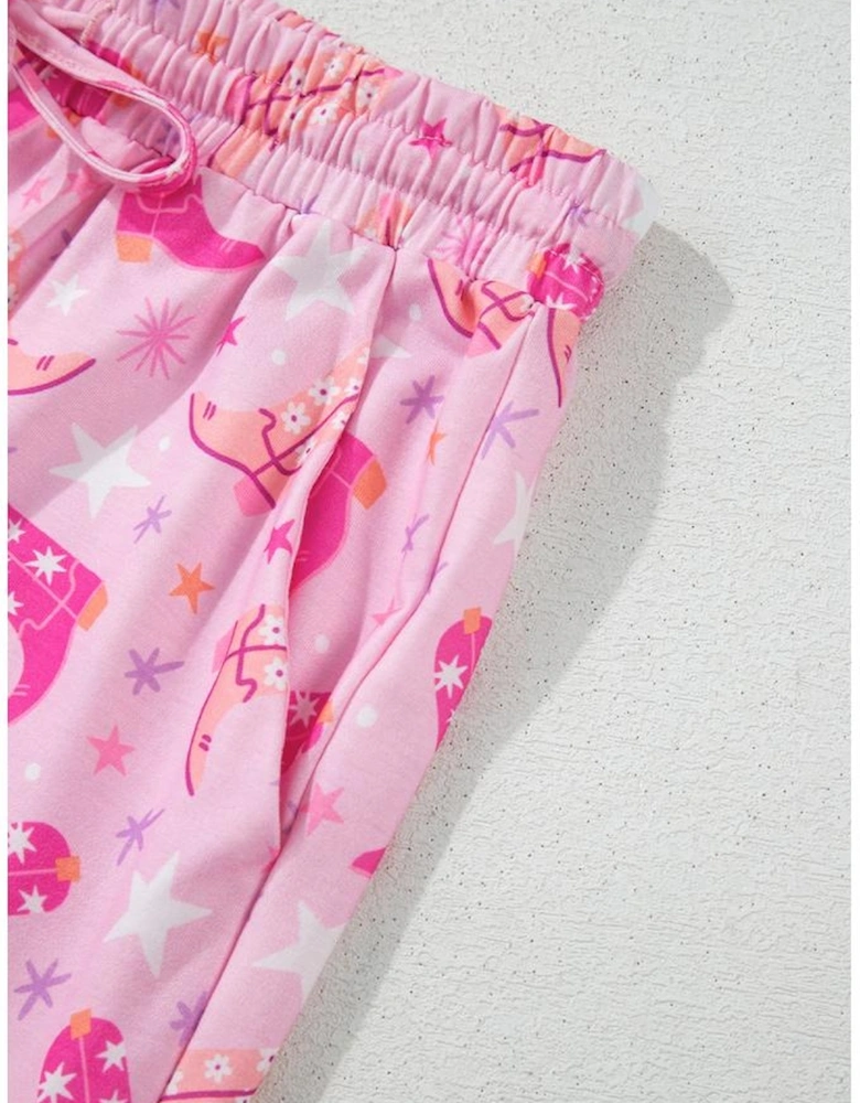 Pink Western Boots Printed Short 2pcs Lounge Set