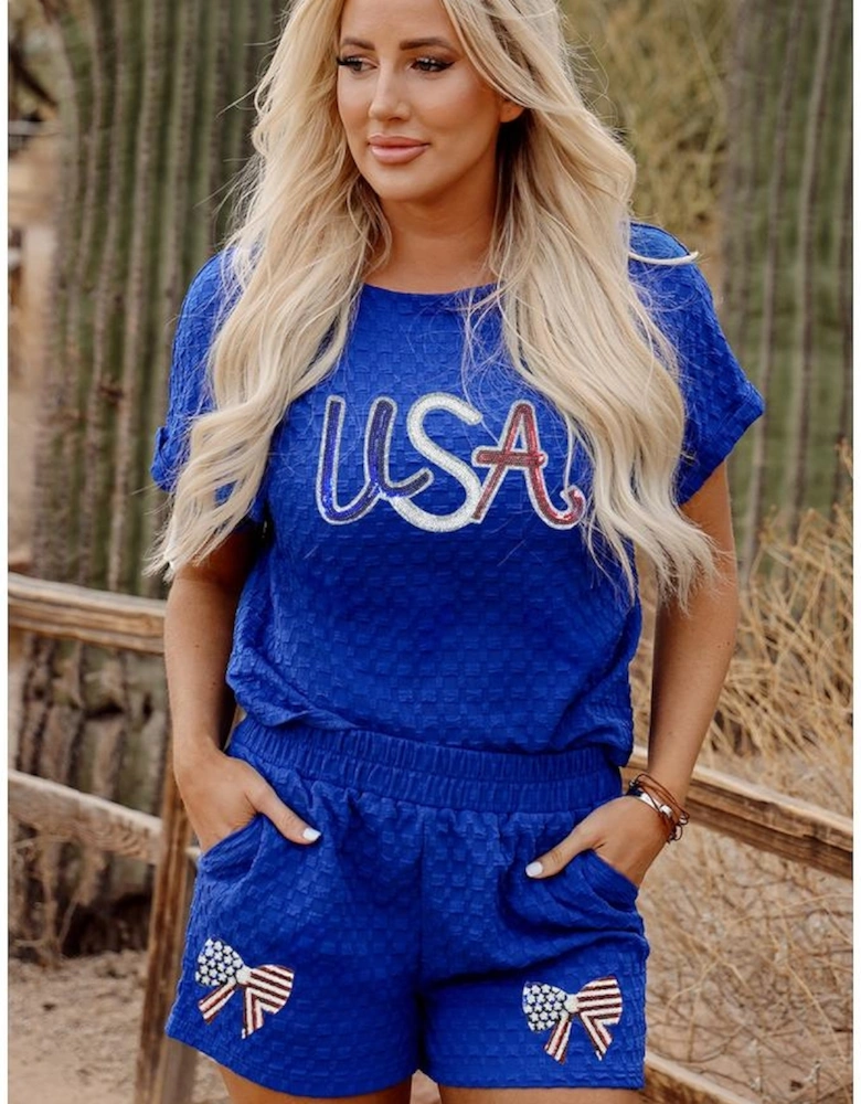 Sky Blue Sequined USA Bowknot Buttoned Back Textured Short Set
