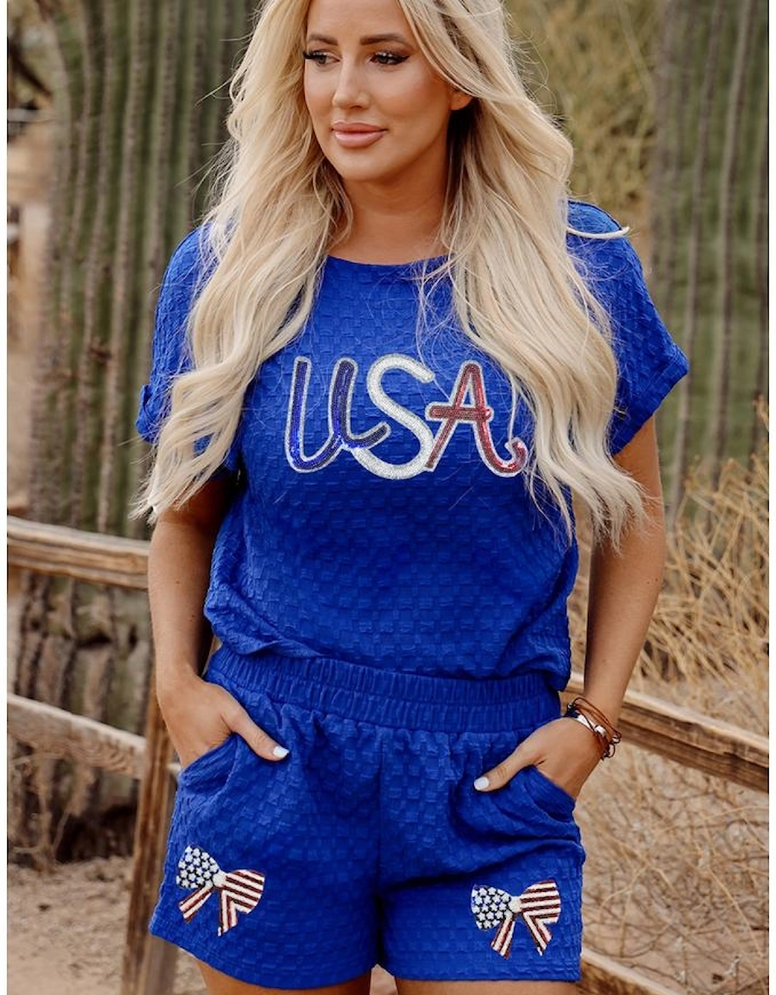 Sky Blue Sequined USA Bowknot Buttoned Back Textured Short Set