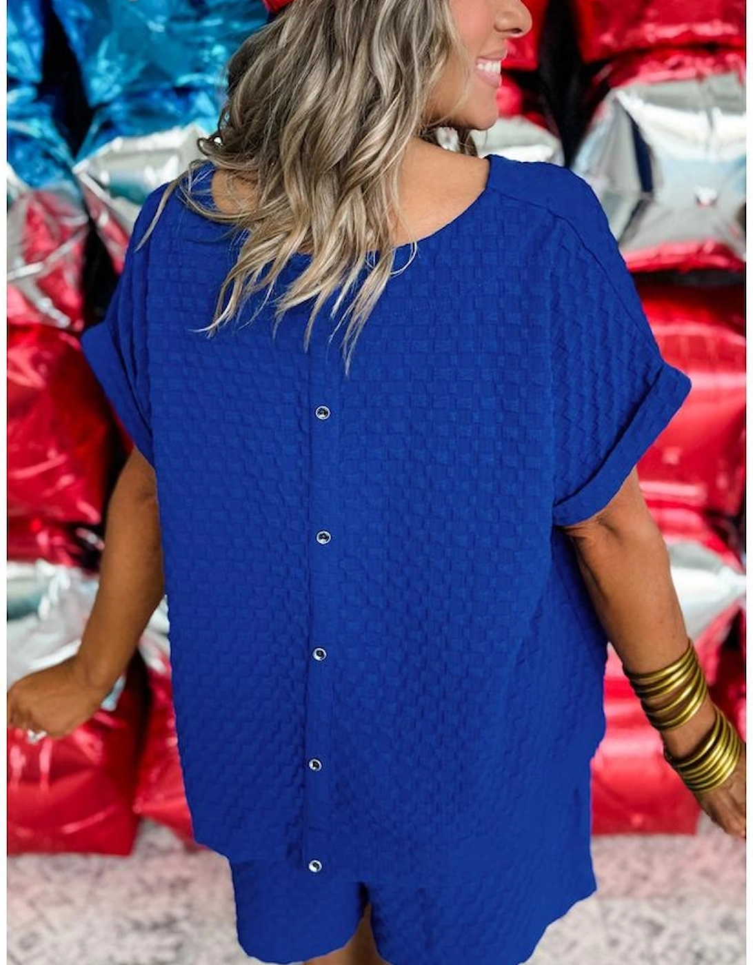 Sky Blue Sequined USA Bowknot Buttoned Back Textured Short Set