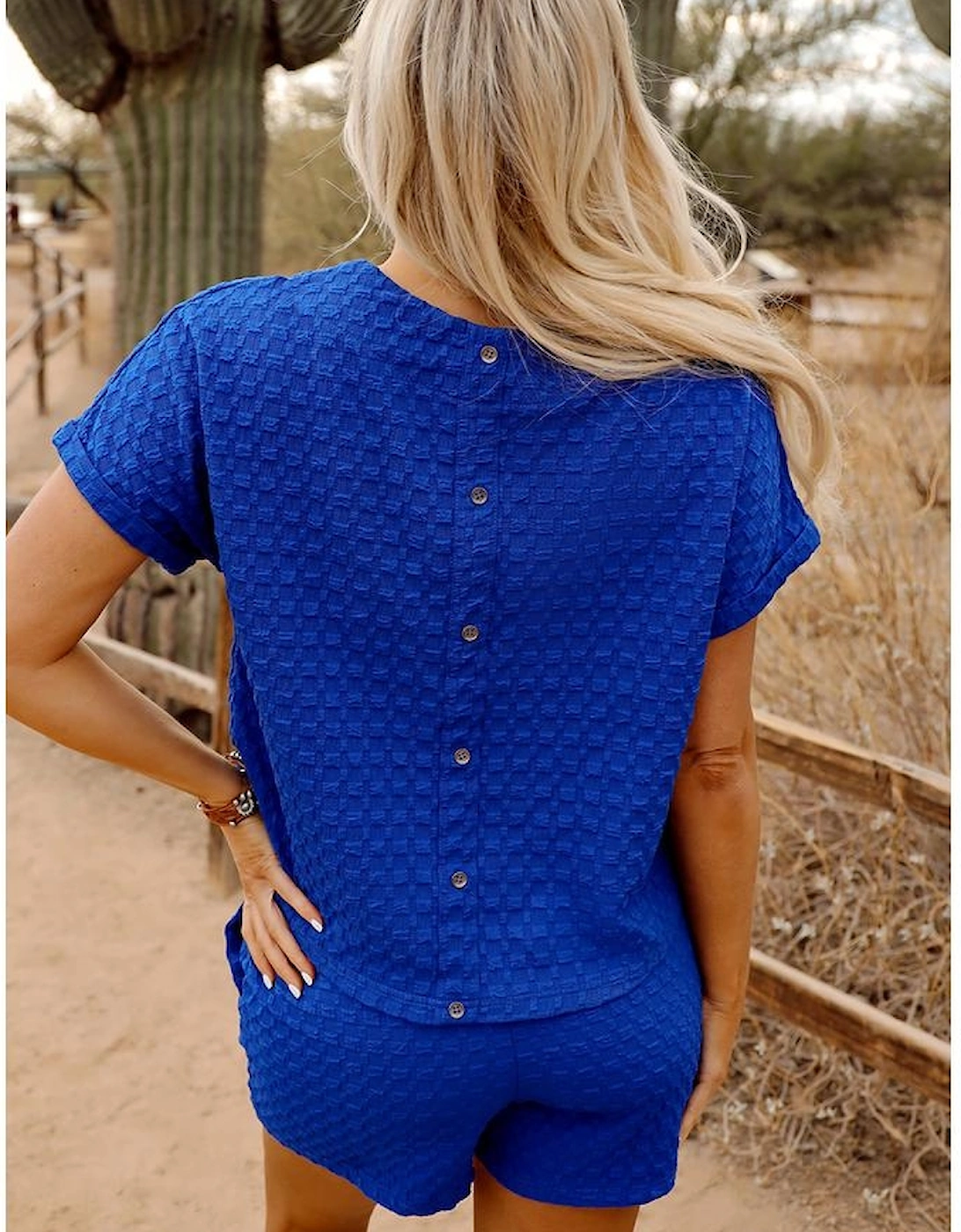 Sky Blue Sequined USA Bowknot Buttoned Back Textured Short Set