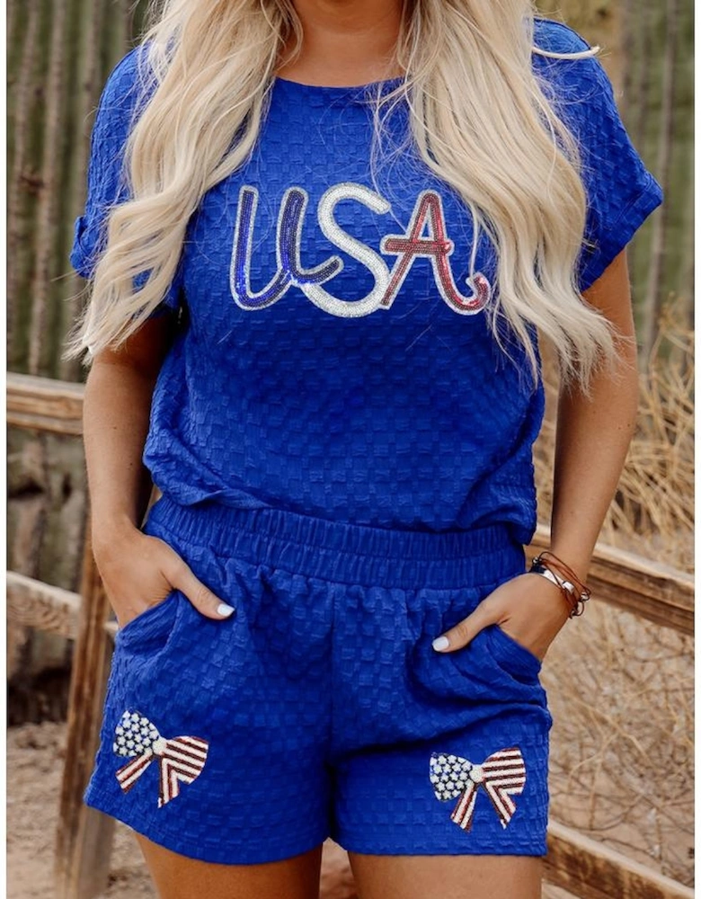 Sky Blue Sequined USA Bowknot Buttoned Back Textured Short Set