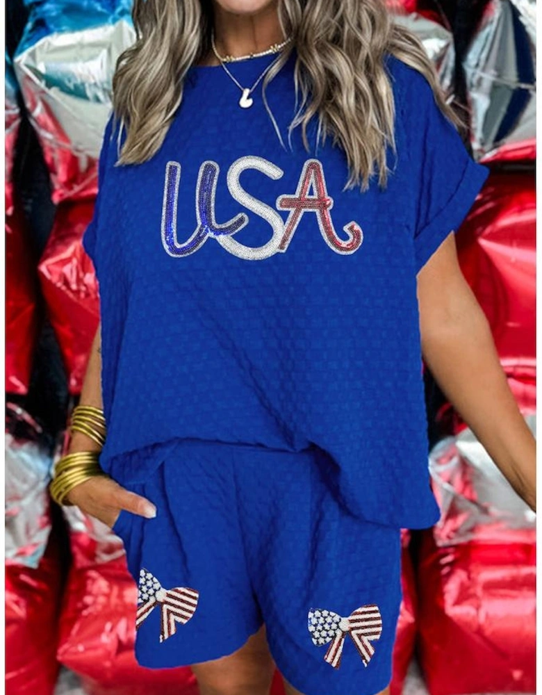 Sky Blue Sequined USA Bowknot Buttoned Back Textured Short Set