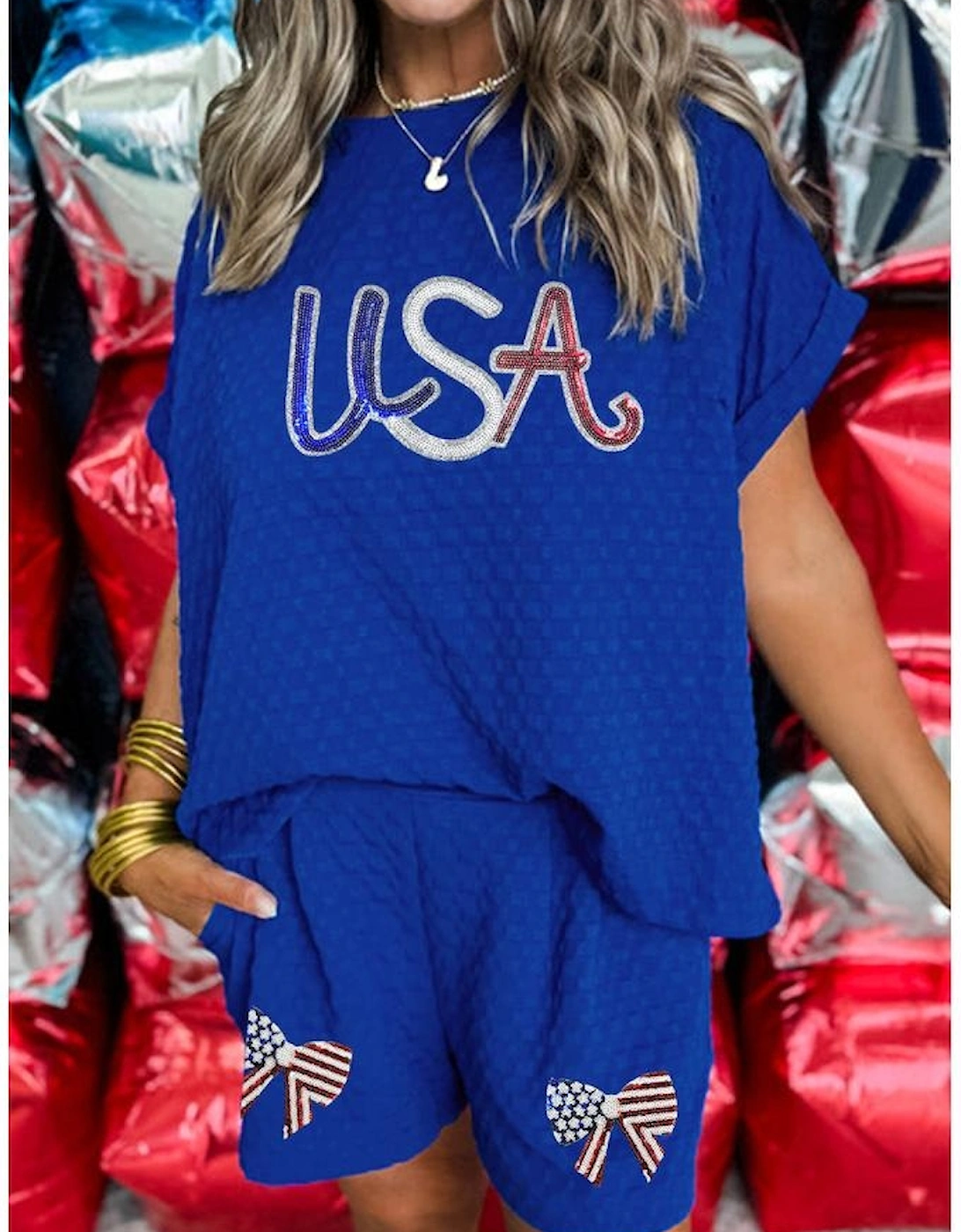 Sky Blue Sequined USA Bowknot Buttoned Back Textured Short Set