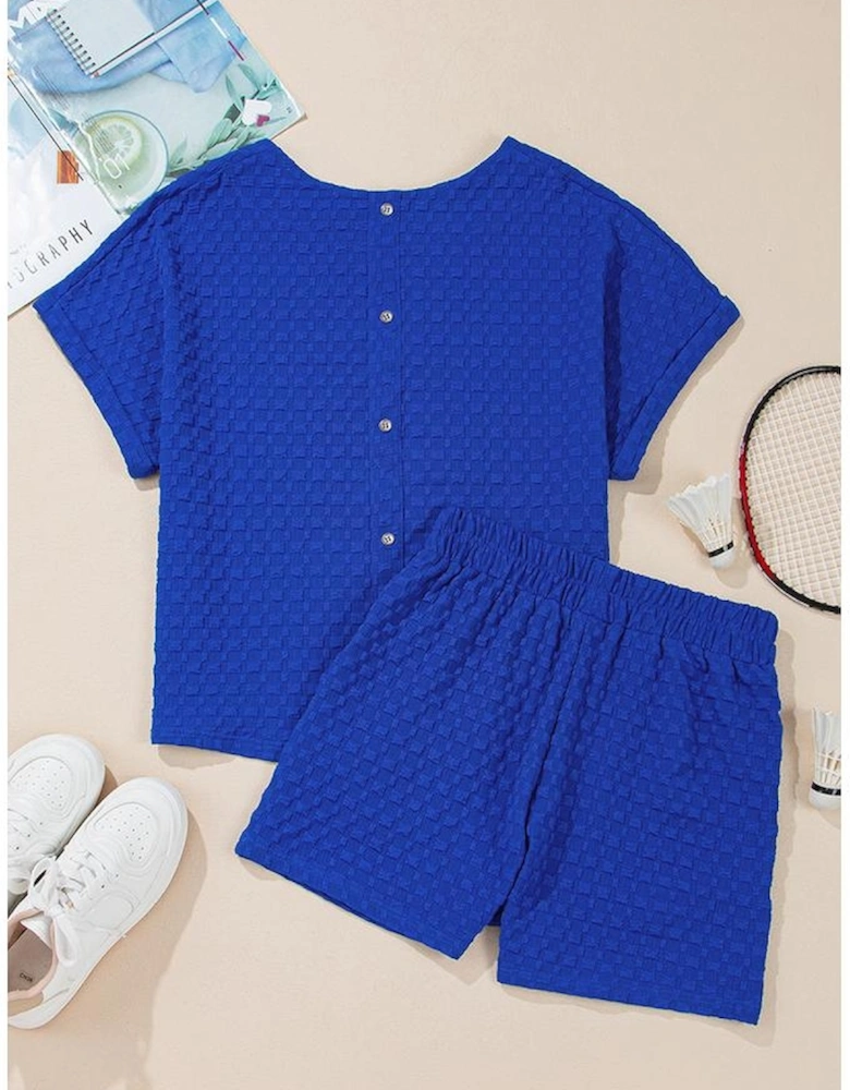 Sky Blue Sequined USA Bowknot Buttoned Back Textured Short Set