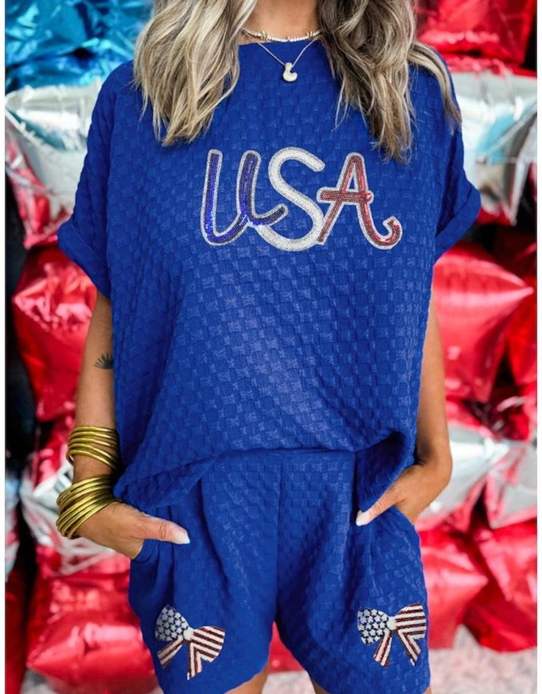 Sky Blue Sequined USA Bowknot Buttoned Back Textured Short Set