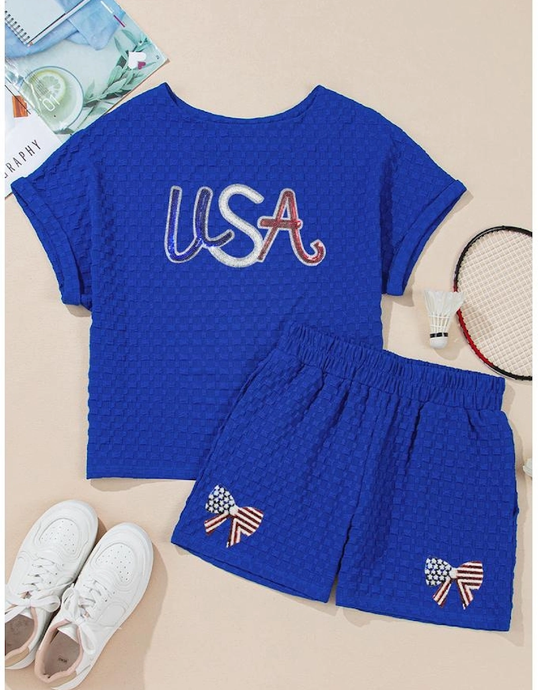 Sky Blue Sequined USA Bowknot Buttoned Back Textured Short Set