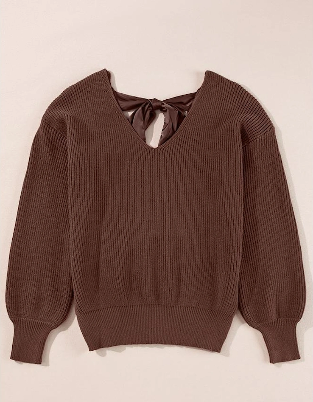 Coffee Lantern Sleeve V Neck Knot Back Sweater