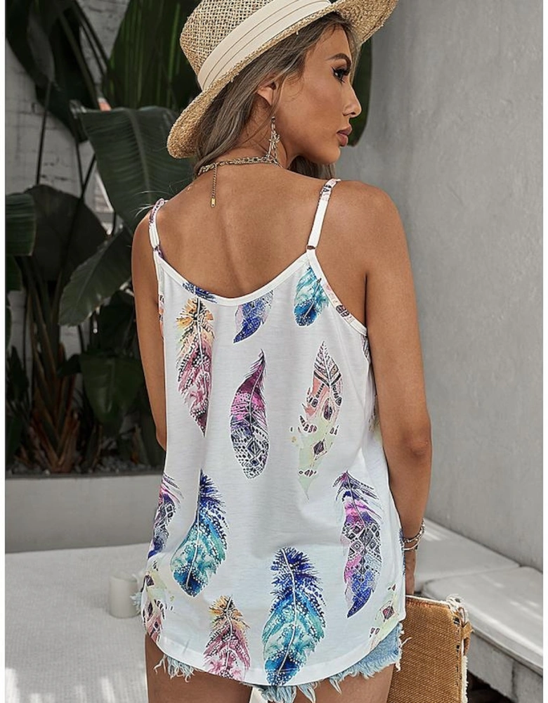 White Tropical Plant Print Tank Top
