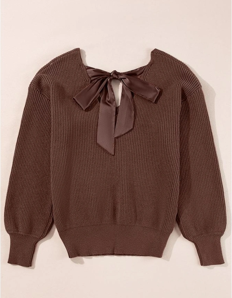 Coffee Lantern Sleeve V Neck Knot Back Sweater