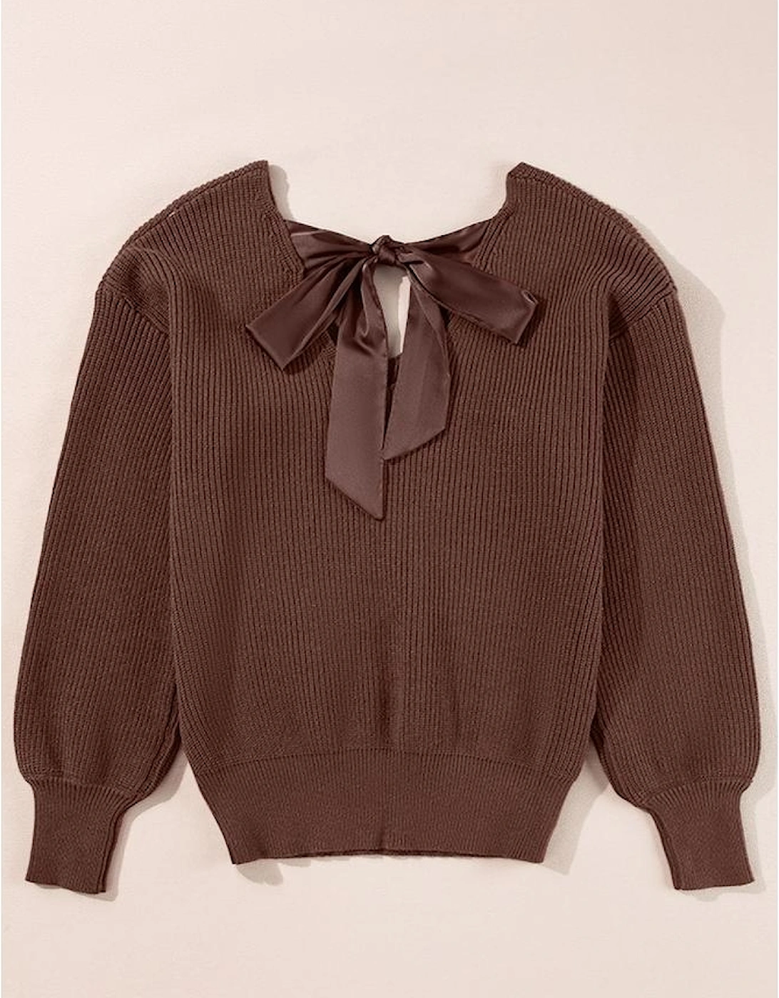 Coffee Lantern Sleeve V Neck Knot Back Sweater