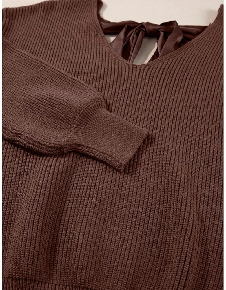 Coffee Lantern Sleeve V Neck Knot Back Sweater