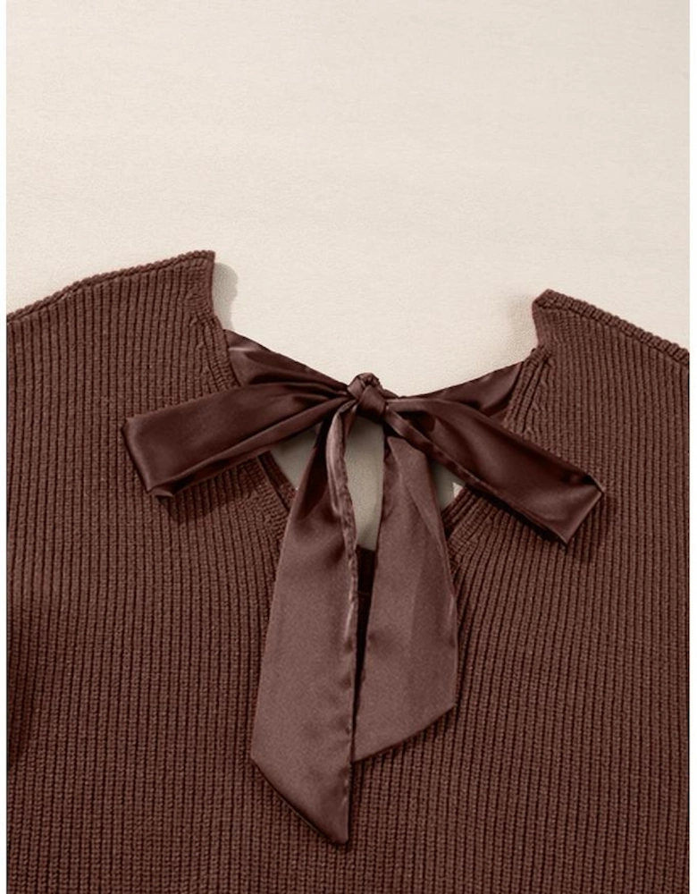 Coffee Lantern Sleeve V Neck Knot Back Sweater