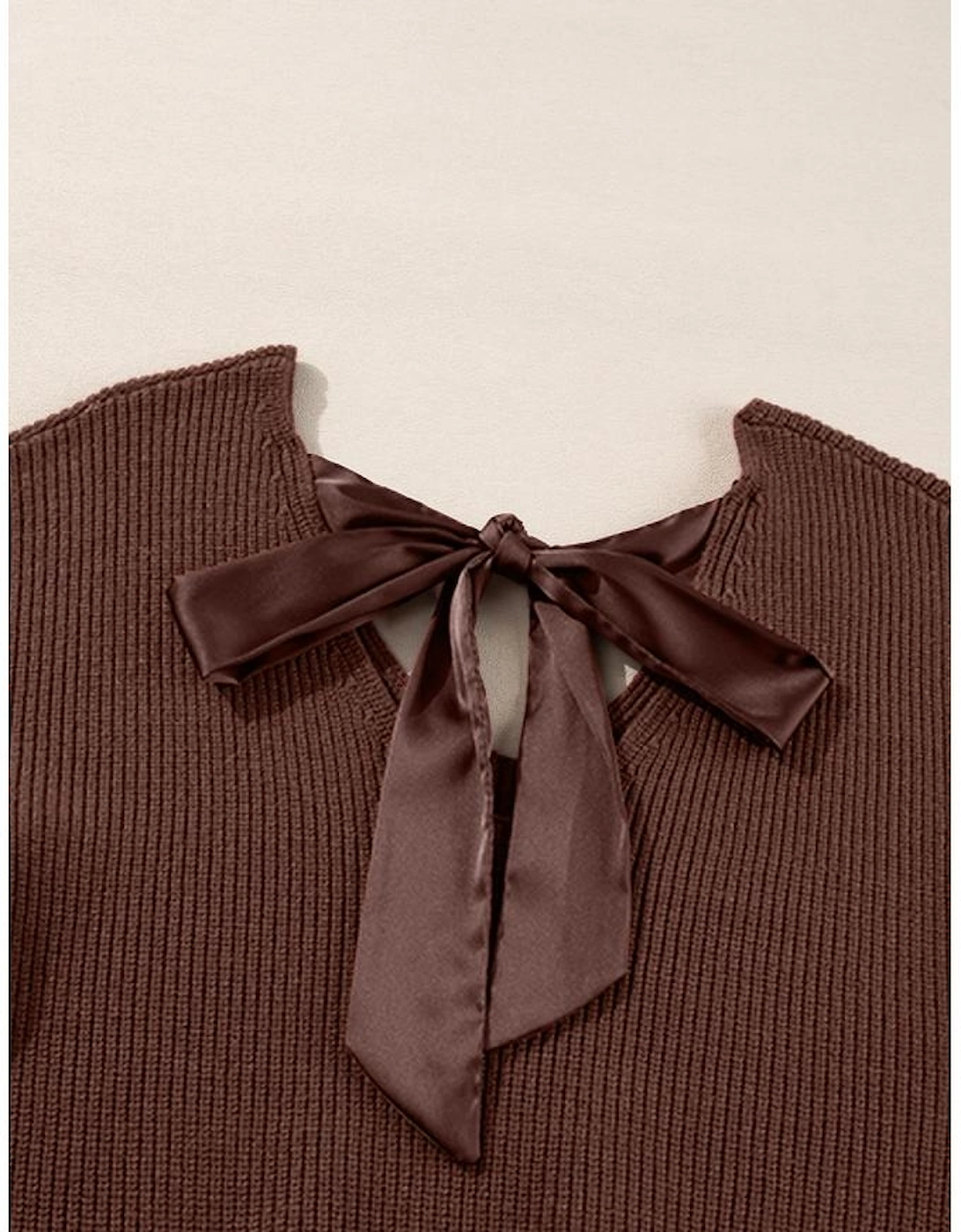 Coffee Lantern Sleeve V Neck Knot Back Sweater