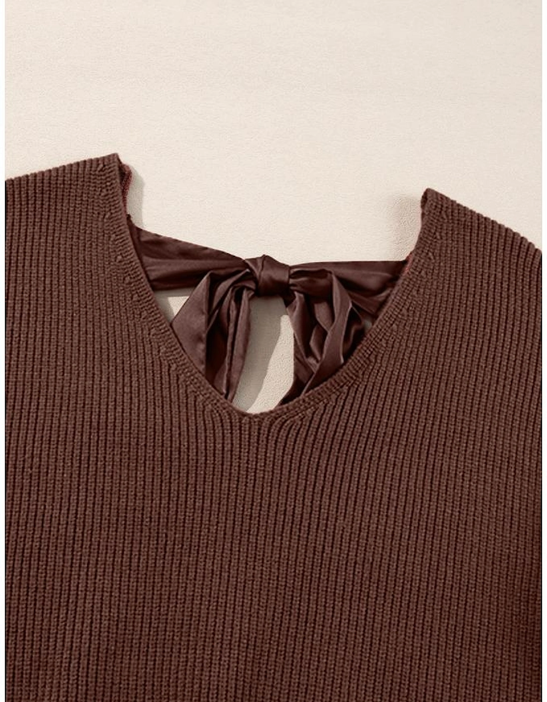 Coffee Lantern Sleeve V Neck Knot Back Sweater