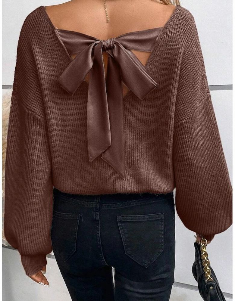 Coffee Lantern Sleeve V Neck Knot Back Sweater