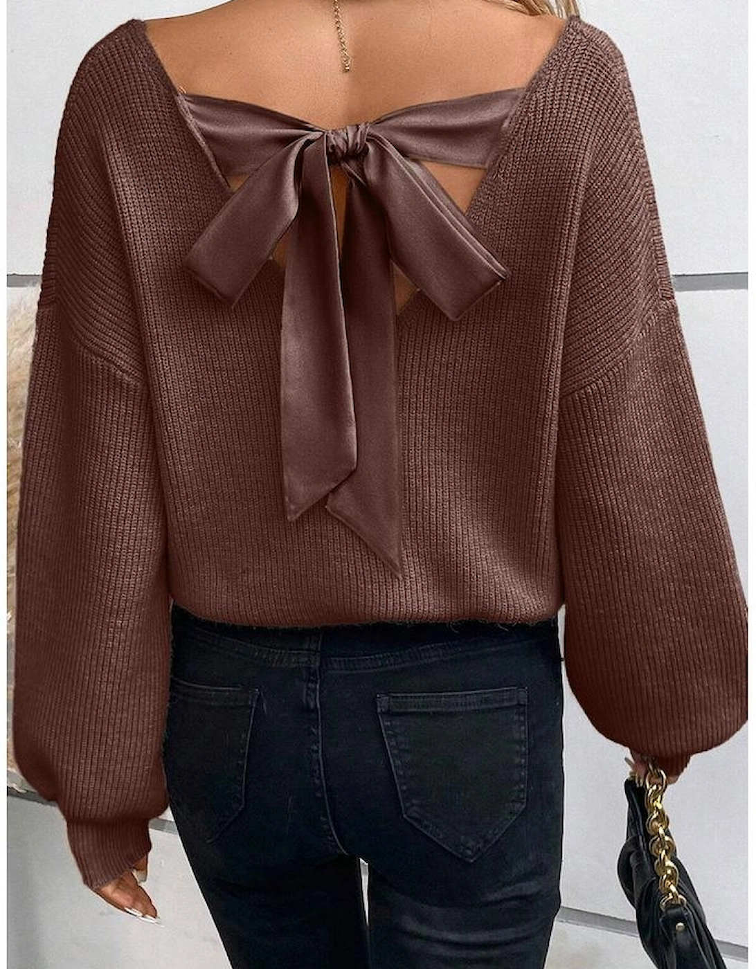 Coffee Lantern Sleeve V Neck Knot Back Sweater, 10 of 9