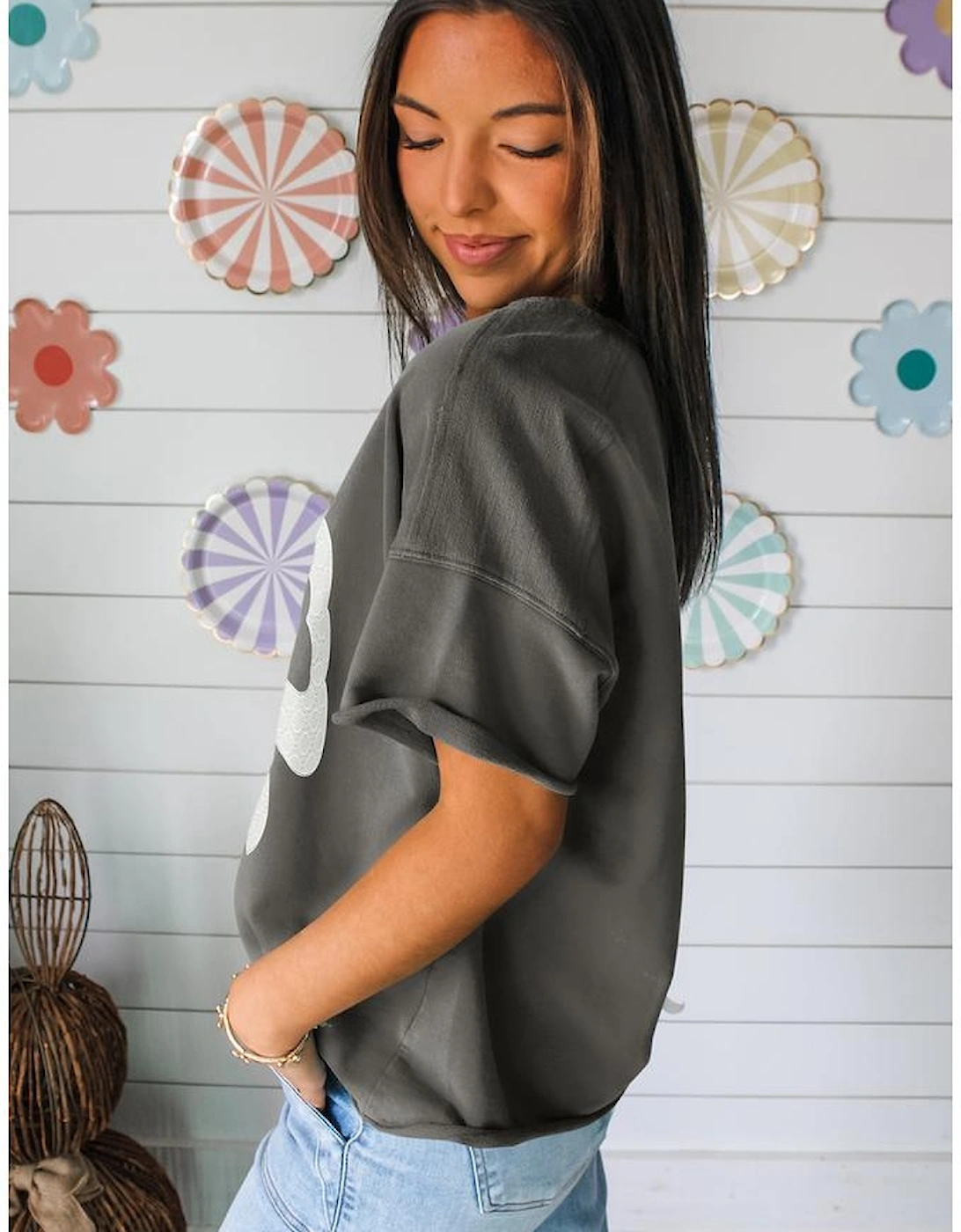 Medium Grey Lace Bow Raw Edge Drop Shoulder Casual T Shirt, 14 of 13