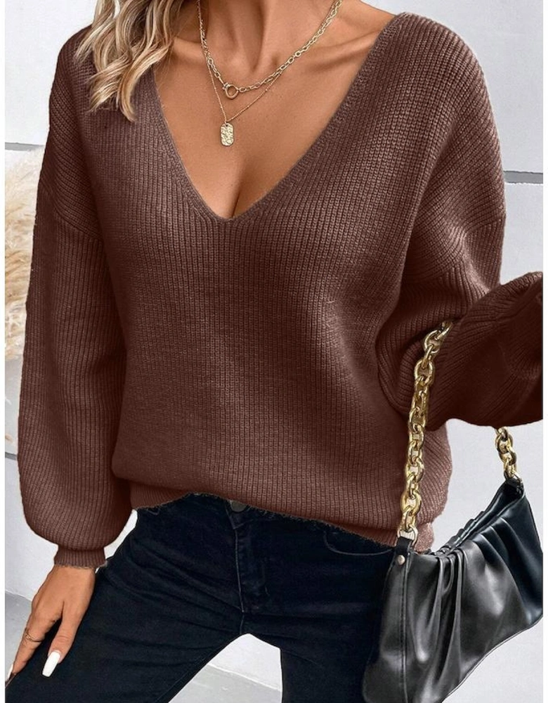 Coffee Lantern Sleeve V Neck Knot Back Sweater