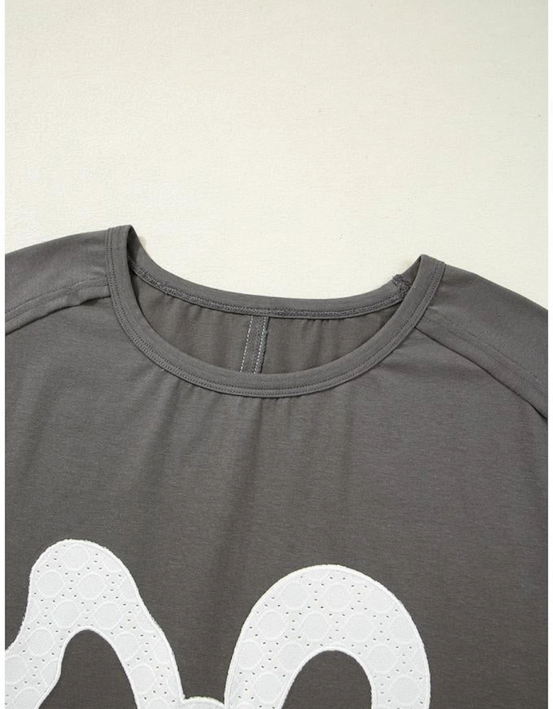 Medium Grey Lace Bow Raw Edge Drop Shoulder Casual T Shirt