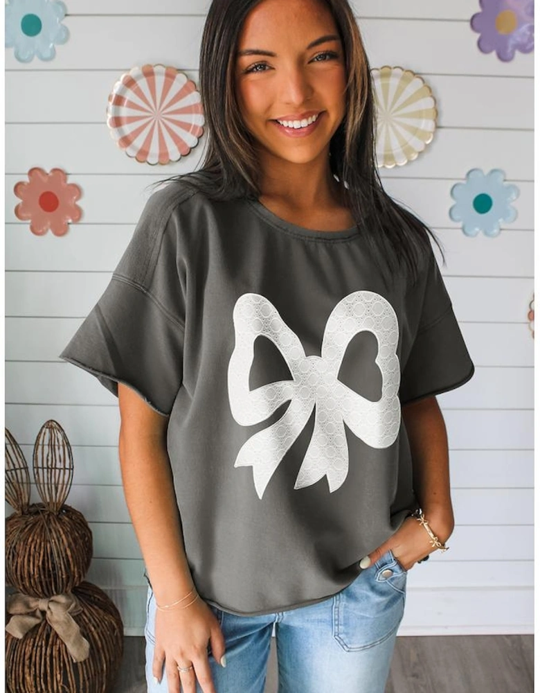 Medium Grey Lace Bow Raw Edge Drop Shoulder Casual T Shirt