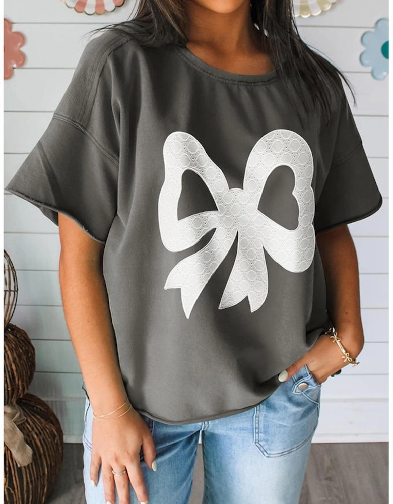 Medium Grey Lace Bow Raw Edge Drop Shoulder Casual T Shirt