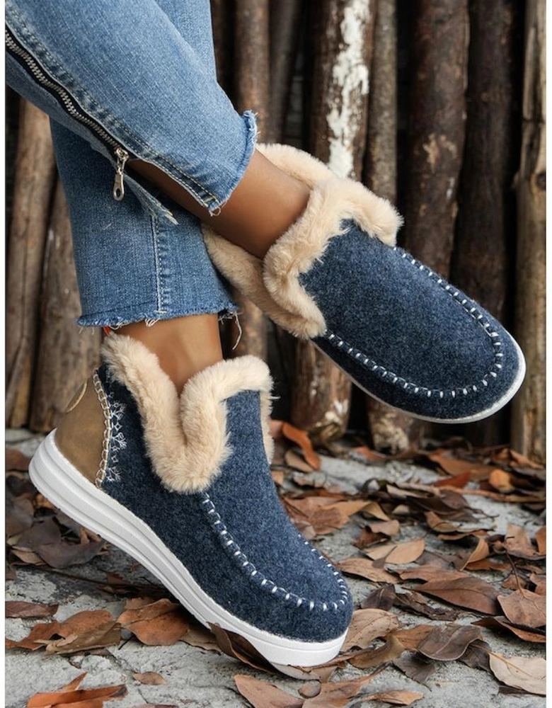 Blue Suede Stitching Patchwork Plush Lined Anklet Boots
