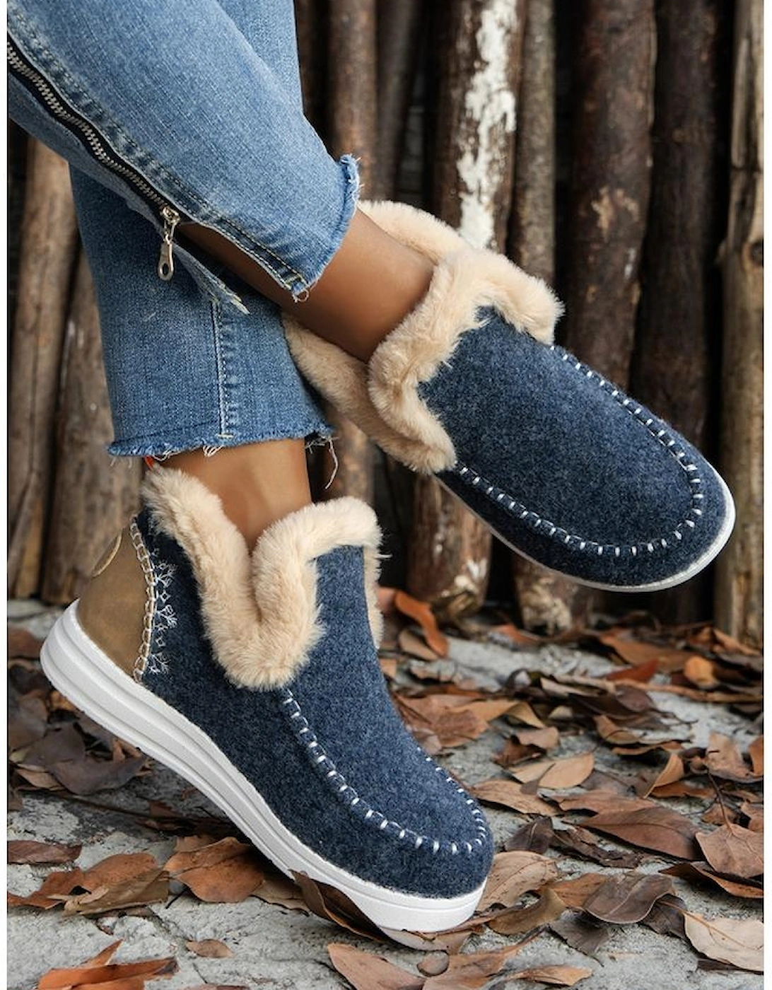 Blue Suede Stitching Patchwork Plush Lined Anklet Boots