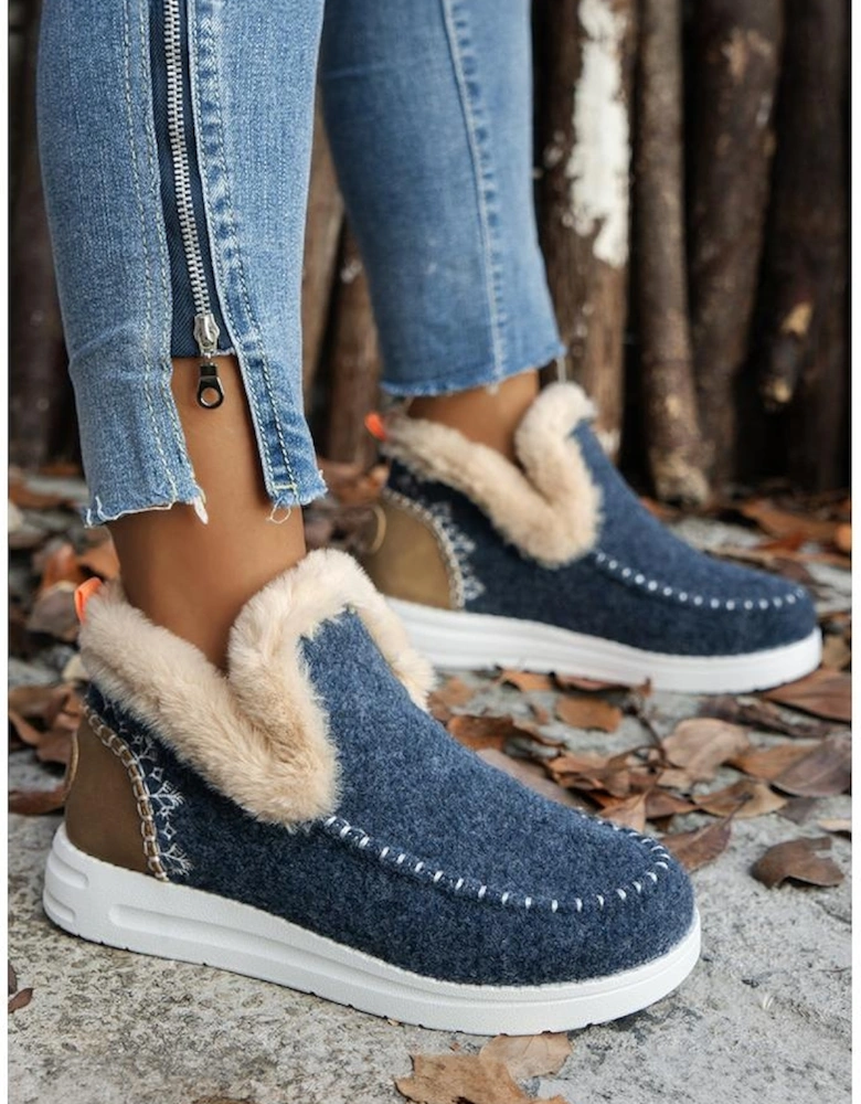 Blue Suede Stitching Patchwork Plush Lined Anklet Boots