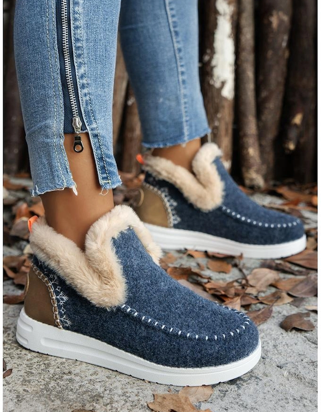 Blue Suede Stitching Patchwork Plush Lined Anklet Boots