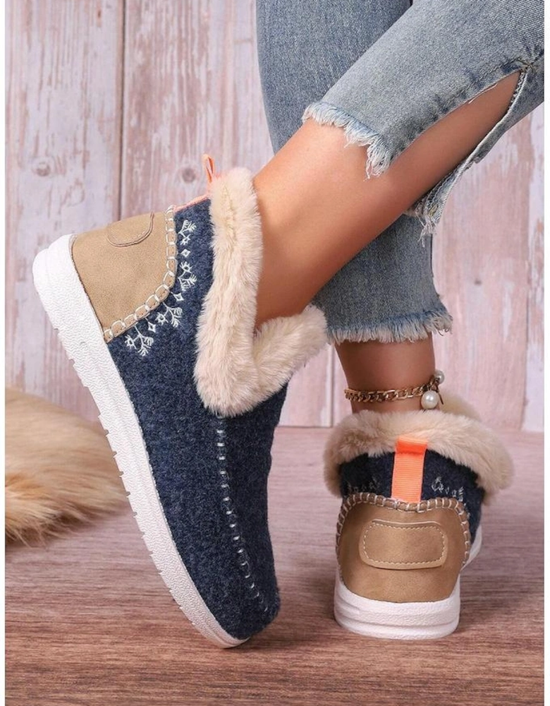 Blue Suede Stitching Patchwork Plush Lined Anklet Boots