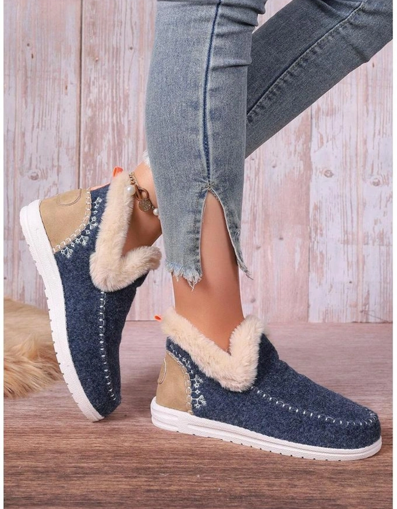 Blue Suede Stitching Patchwork Plush Lined Anklet Boots