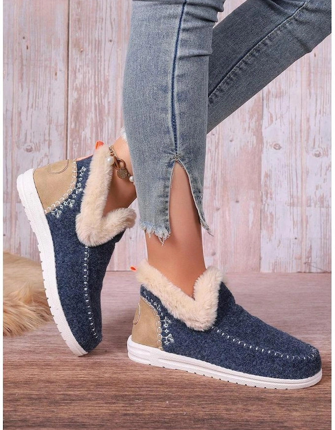Blue Suede Stitching Patchwork Plush Lined Anklet Boots