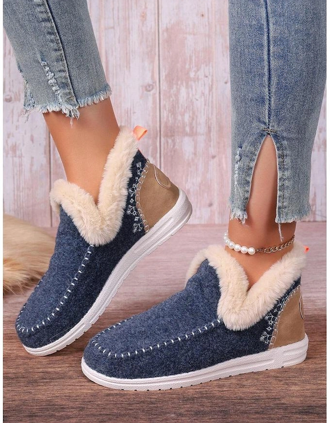 Blue Suede Stitching Patchwork Plush Lined Anklet Boots