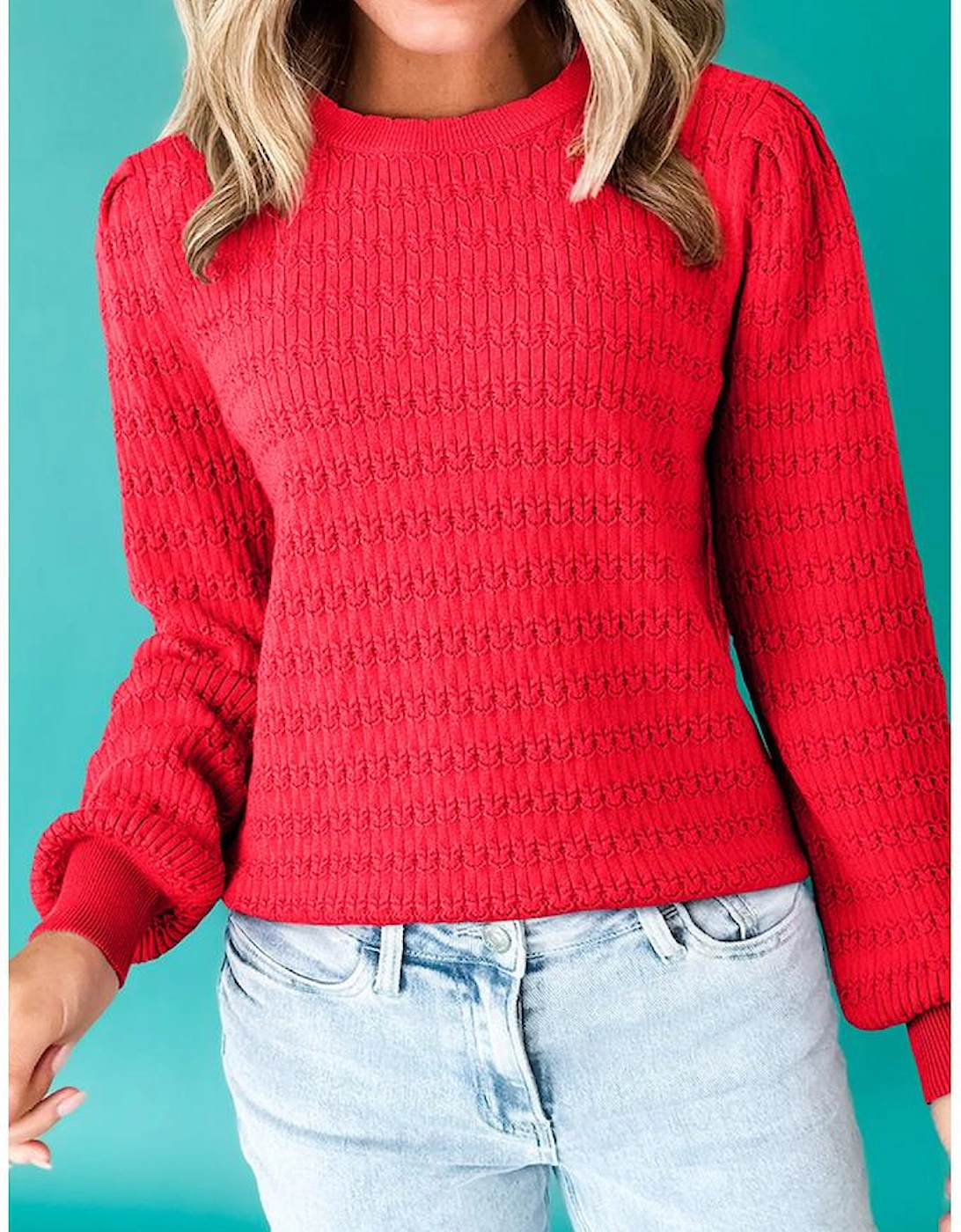 Fiery Red Trendy Pattern Knit Ribbed Cuffs Crew Neck Sweater