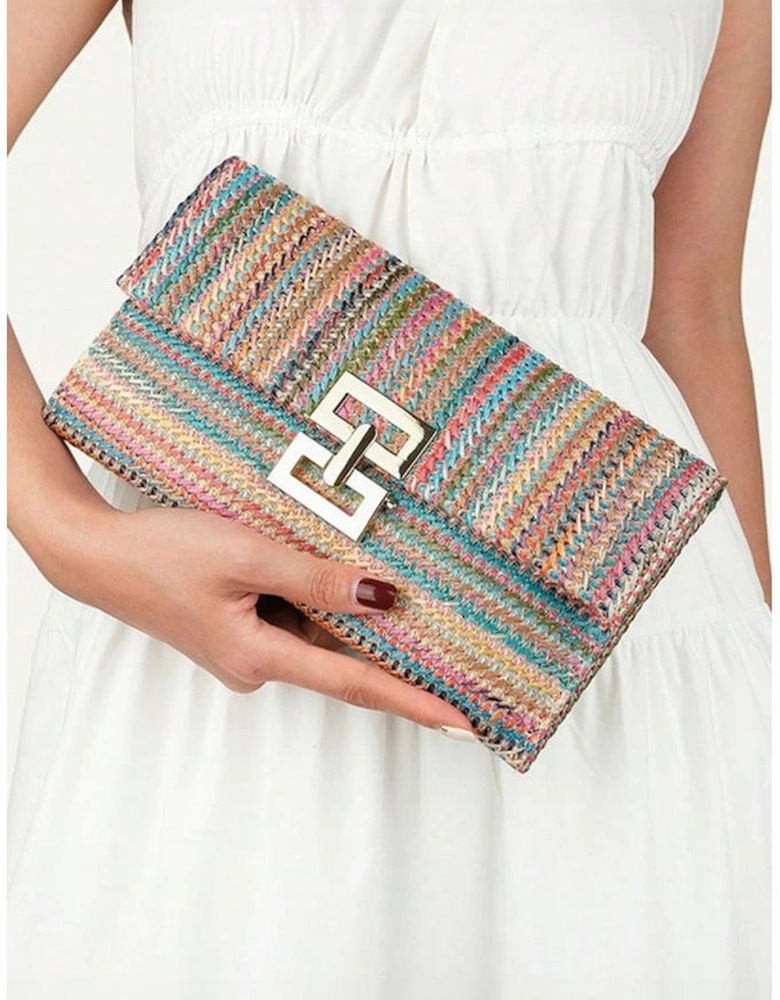 Multicolour Woven Metal Clasp Flap Handbag