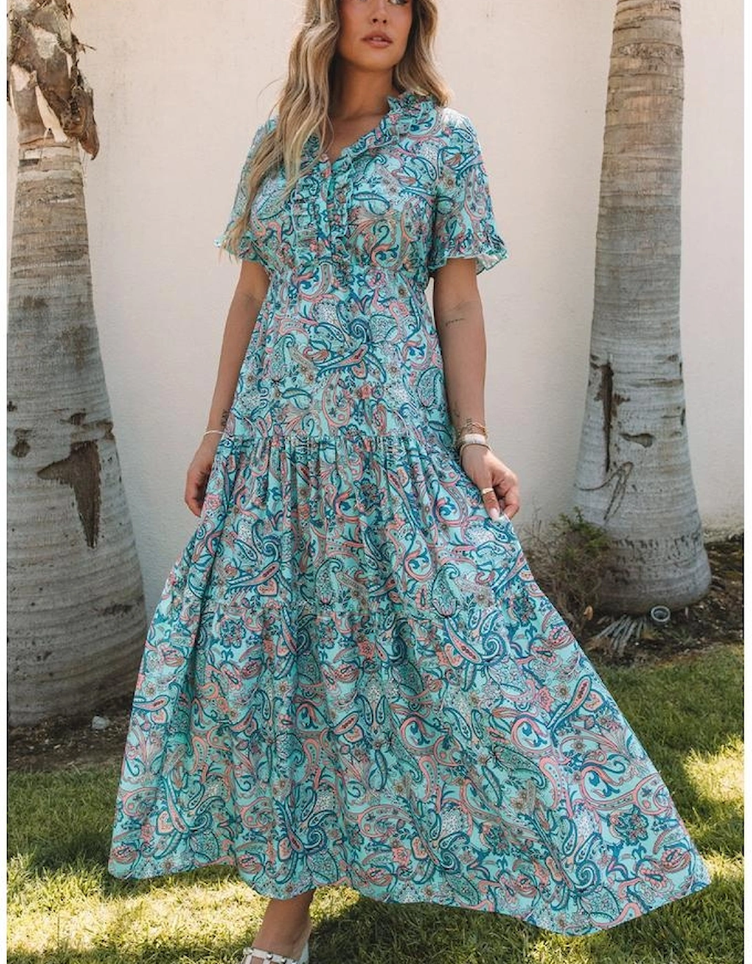 Sky Blue Paisley Print Boho Holiday Ruffle Tiered Maxi Dress