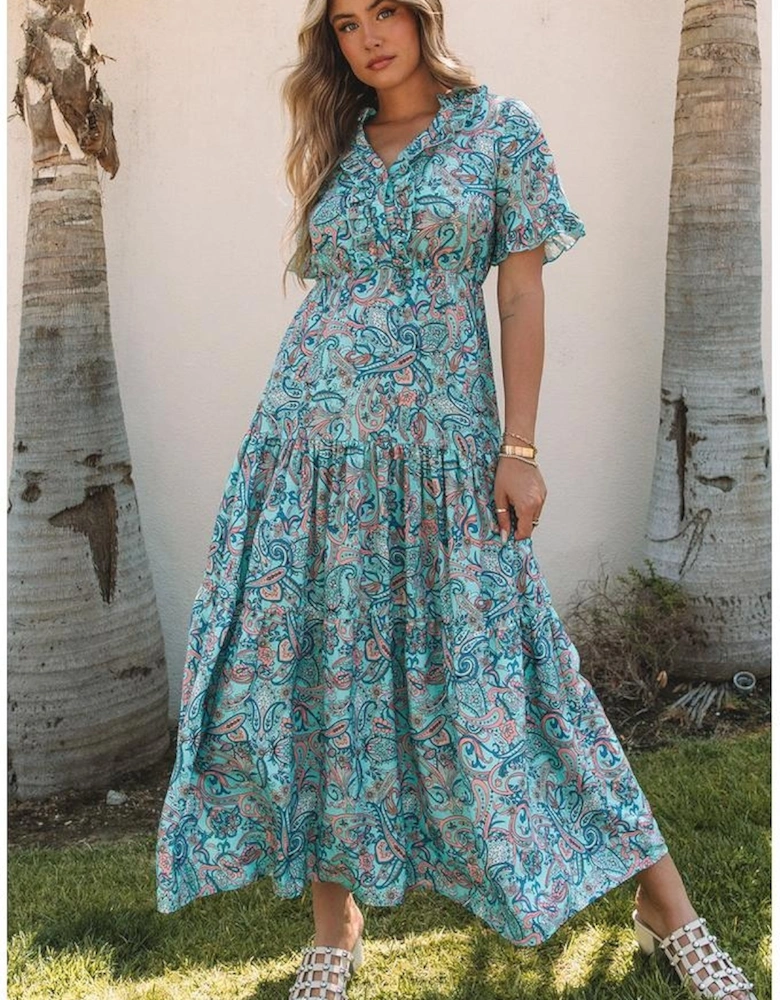Sky Blue Paisley Print Boho Holiday Ruffle Tiered Maxi Dress