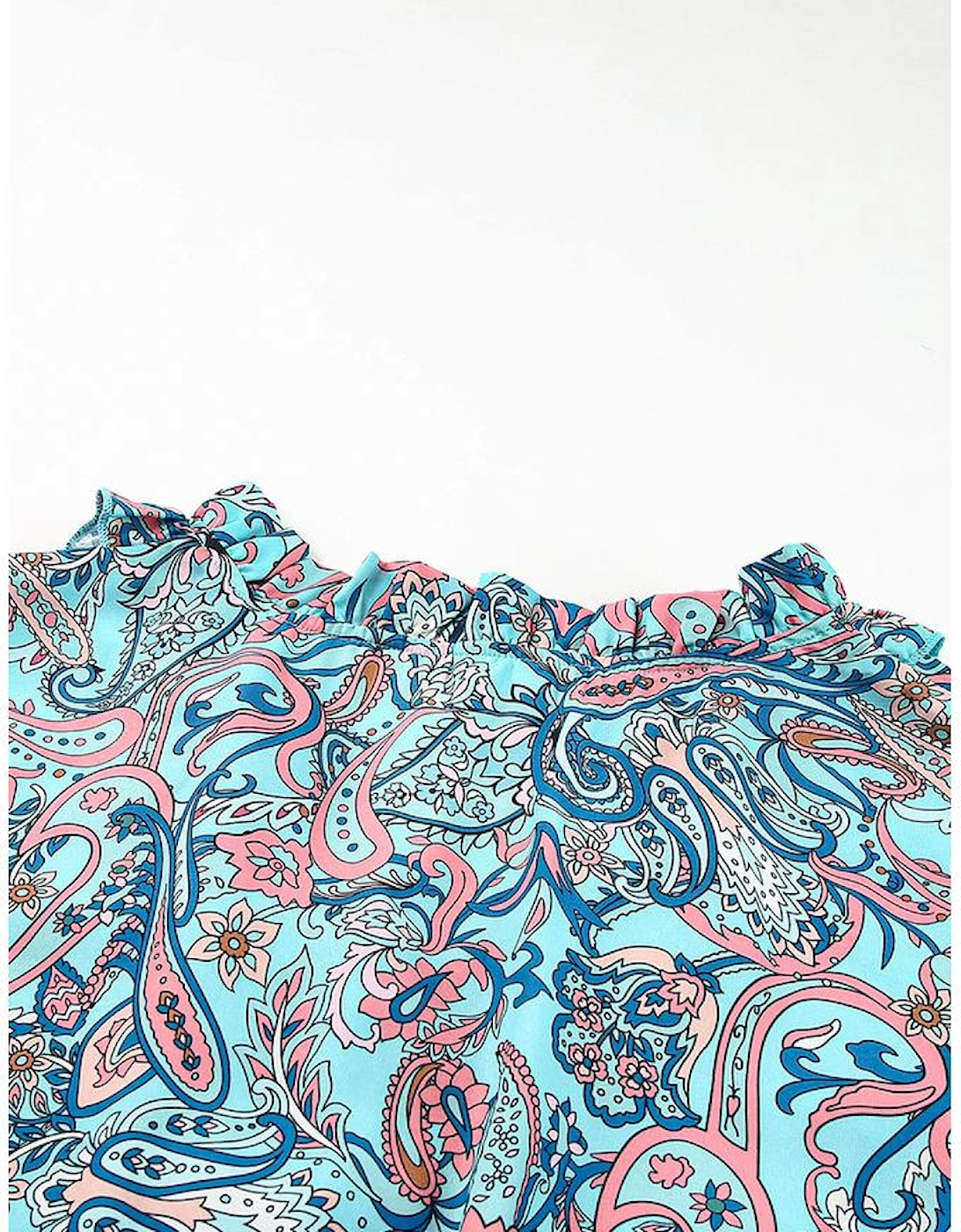 Sky Blue Paisley Print Boho Holiday Ruffle Tiered Maxi Dress