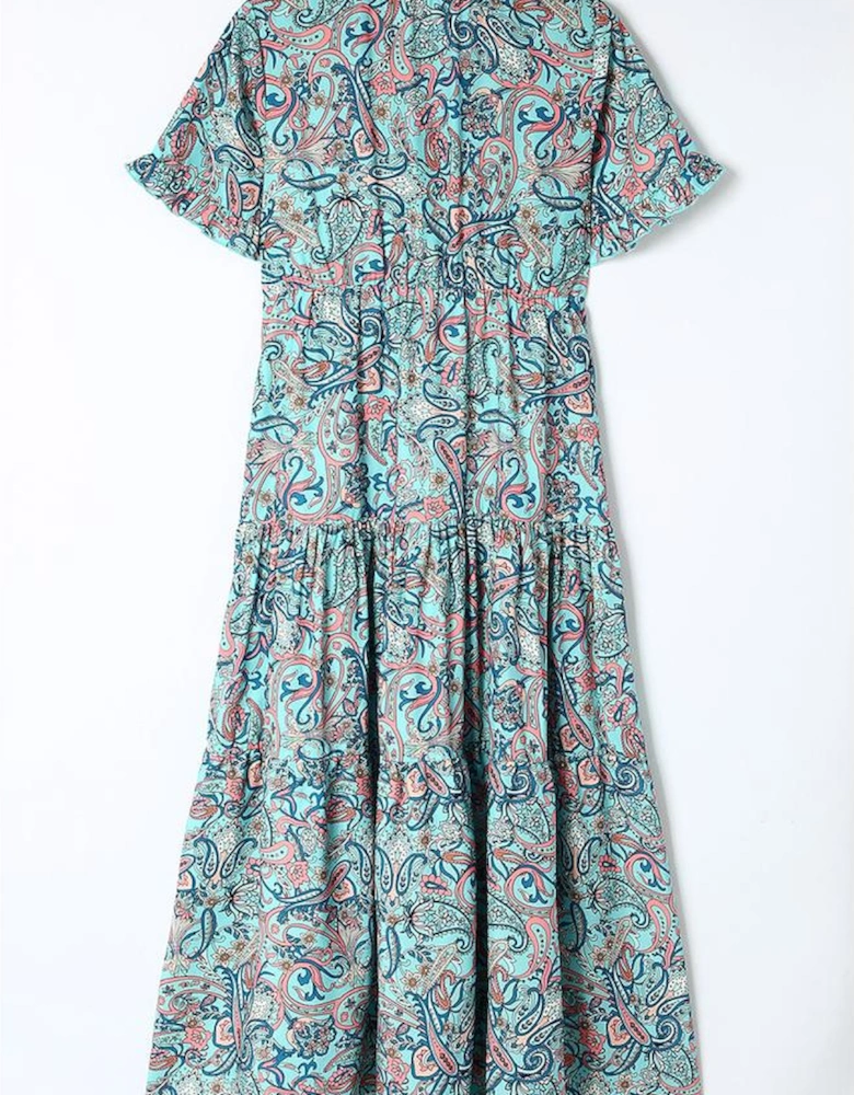 Sky Blue Paisley Print Boho Holiday Ruffle Tiered Maxi Dress