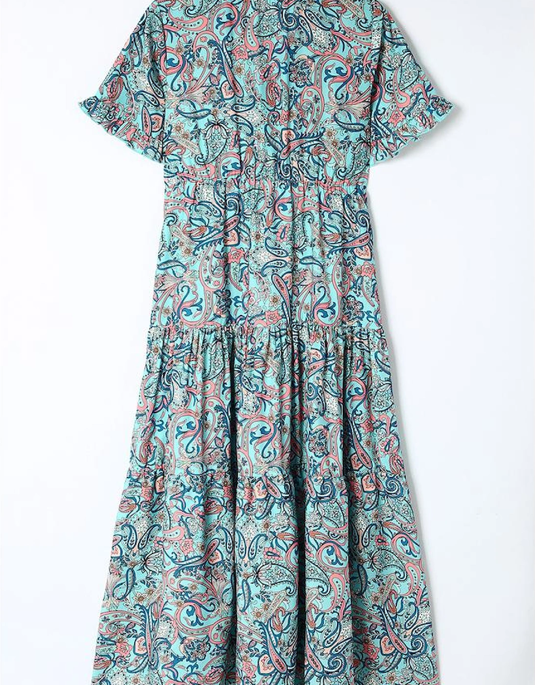 Sky Blue Paisley Print Boho Holiday Ruffle Tiered Maxi Dress
