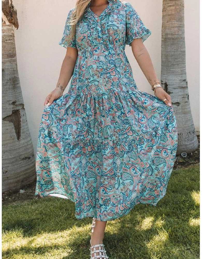 Sky Blue Paisley Print Boho Holiday Ruffle Tiered Maxi Dress