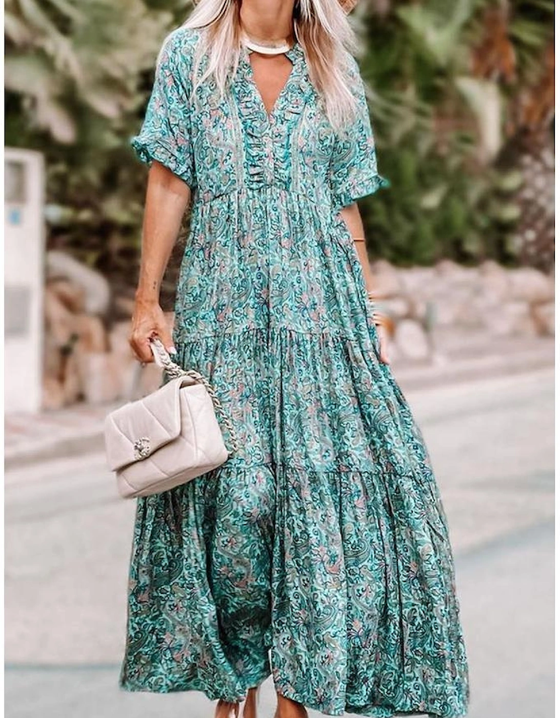 Sky Blue Paisley Print Boho Holiday Ruffle Tiered Maxi Dress