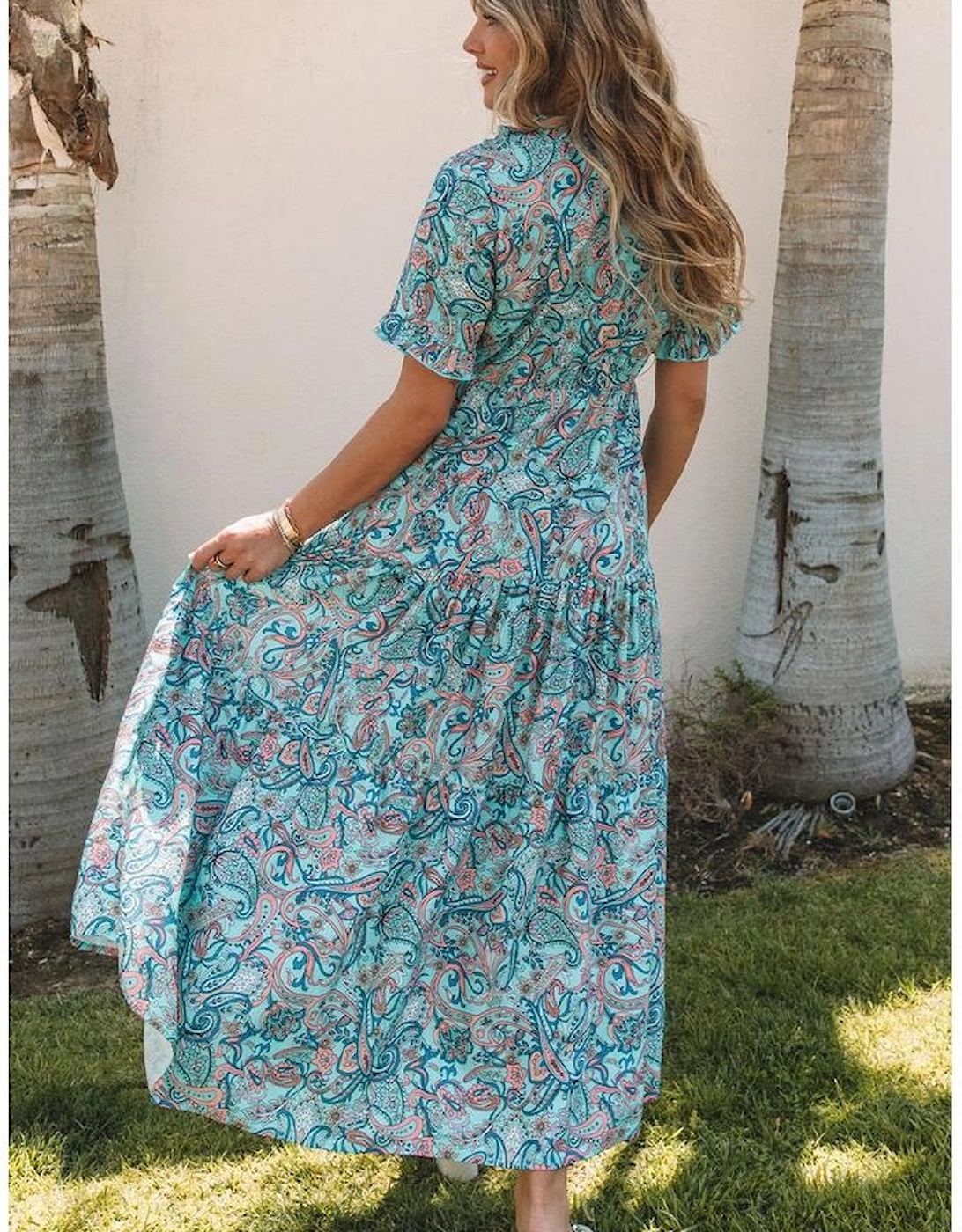 Sky Blue Paisley Print Boho Holiday Ruffle Tiered Maxi Dress